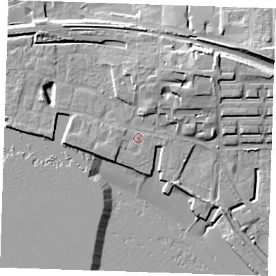 Shaded relief map of the ground around RM176TA, computed from Environment Agency LiDAR. The ground here sits at about 5 m above sea level and falls 15 m across the surrounding 800 m. Surface water reaching this point runs off ground lying to the north-east, 8.4 m higher.