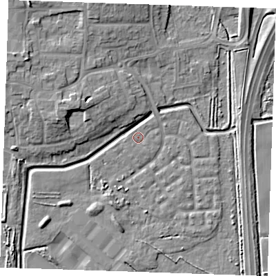 Shaded relief map of the ground around RM176TN, computed from Environment Agency LiDAR. The ground here sits at about 1 m above sea level and falls 10 m across the surrounding 800 m. Surface water reaching this point runs off ground lying to the north-north-east, 0.7 m higher.