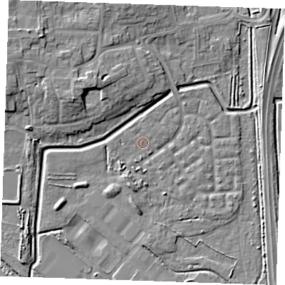 Shaded relief map of the ground around RM176TP, computed from Environment Agency LiDAR. The ground here sits at about 1 m above sea level and falls 10 m across the surrounding 800 m. Surface water reaching this point runs off ground lying to the north-west, 9.3 m higher.