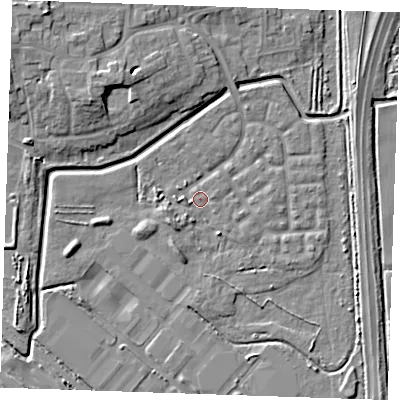 Shaded relief map of the ground around RM176TR, computed from Environment Agency LiDAR. The ground here sits at about 1 m above sea level and falls 10 m across the surrounding 800 m. Surface water reaching this point runs off ground lying to the east-north-east, 0.7 m higher.