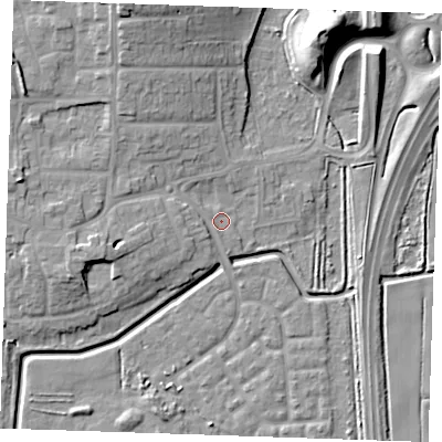 Shaded relief map of the ground around RM176TS, computed from Environment Agency LiDAR. The ground here sits at about 2 m above sea level and falls 19 m across the surrounding 800 m. Surface water reaching this point runs off ground lying to the north-north-west, 11.7 m higher.