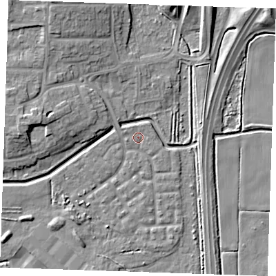 Shaded relief map of the ground around RM176TT, computed from Environment Agency LiDAR. The ground here sits at about 1 m above sea level and falls 10 m across the surrounding 800 m. Surface water reaching this point runs off ground lying to the west-north-west, 1.2 m higher.