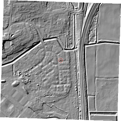 Shaded relief map of the ground around RM176TU, computed from Environment Agency LiDAR. The ground here sits at about 1 m above sea level and falls 9 m across the surrounding 800 m. Surface water reaching this point runs off ground lying to the west-north-west, 7.4 m higher.