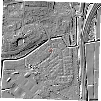 Shaded relief map of the ground around RM176TW, computed from Environment Agency LiDAR. The ground here sits at about 1 m above sea level and falls 10 m across the surrounding 800 m. Surface water reaching this point runs off ground lying to the east-south-east, 0.9 m higher.