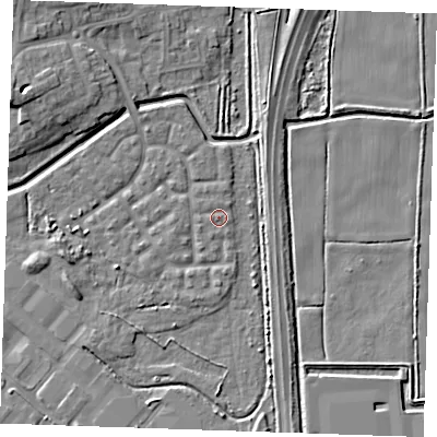 Shaded relief map of the ground around RM176TX, computed from Environment Agency LiDAR. The ground here sits at about 1 m above sea level and falls 8 m across the surrounding 800 m. Surface water reaching this point runs off ground lying to the west, 0.8 m higher.