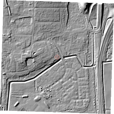 Shaded relief map of the ground around RM176TY, computed from Environment Agency LiDAR. The ground here sits at about 3 m above sea level and falls 13 m across the surrounding 800 m. Surface water reaching this point runs off ground lying to the west-north-west, 3.7 m higher.