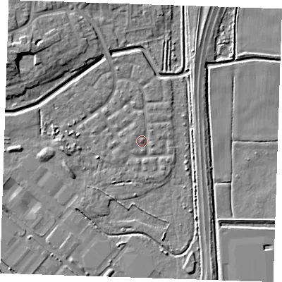 Shaded relief map of the ground around RM176UA, computed from Environment Agency LiDAR. The ground here sits at about 1 m above sea level and falls 9 m across the surrounding 800 m. Surface water reaching this point runs off ground lying to the north-west, 1.3 m higher.