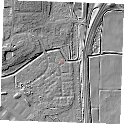 Shaded relief map of the ground around RM176UB, computed from Environment Agency LiDAR. The ground here sits at about 1 m above sea level and falls 9 m across the surrounding 800 m. Surface water reaching this point runs off ground lying to the east, 2.0 m higher.