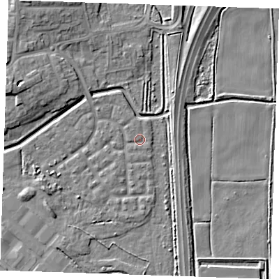 Shaded relief map of the ground around RM176UD, computed from Environment Agency LiDAR. The ground here sits at about 1 m above sea level and falls 8 m across the surrounding 800 m. Surface water reaching this point runs off ground lying to the north-west, 0.7 m higher.