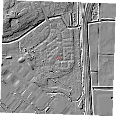 Shaded relief map of the ground around RM176UH, computed from Environment Agency LiDAR. The ground here sits at about 1 m above sea level and falls 9 m across the surrounding 800 m. Surface water reaching this point runs off ground lying to the south-east, 1.3 m higher.