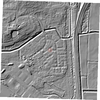 Shaded relief map of the ground around RM176UJ, computed from Environment Agency LiDAR. The ground here sits at about 1 m above sea level and falls 9 m across the surrounding 800 m. Surface water reaching this point runs off ground lying to the west-north-west, 7.6 m higher.