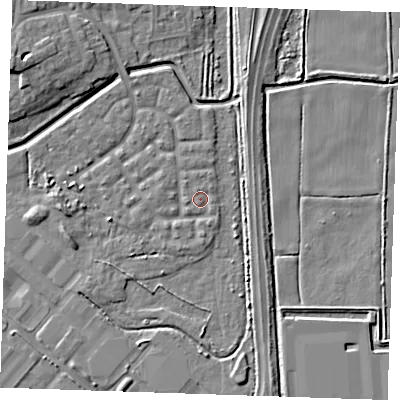 Shaded relief map of the ground around RM176UL, computed from Environment Agency LiDAR. The ground here sits at about 1 m above sea level and falls 8 m across the surrounding 800 m. Surface water reaching this point runs off ground lying to the west-north-west, 1.3 m higher.