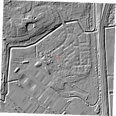 Shaded relief map of the ground around RM176UP, computed from Environment Agency LiDAR. The ground here sits at about 1 m above sea level and falls 10 m across the surrounding 800 m. Surface water reaching this point runs off ground lying to the north, 0.7 m higher.