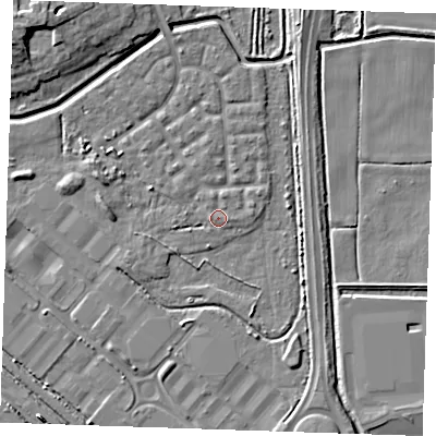Shaded relief map of the ground around RM176UR, computed from Environment Agency LiDAR. The ground here sits at about 1 m above sea level and falls 9 m across the surrounding 800 m. Surface water reaching this point runs off ground lying to the east-south-east, 0.7 m higher.