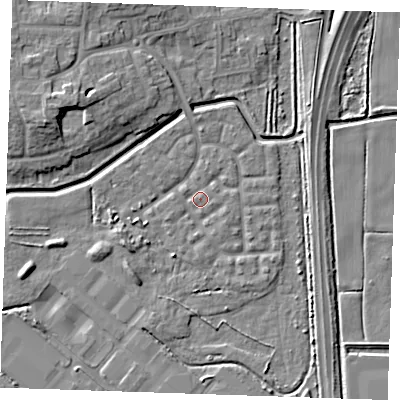 Shaded relief map of the ground around RM176UT, computed from Environment Agency LiDAR. The ground here sits at about 1 m above sea level and falls 9 m across the surrounding 800 m. Surface water reaching this point runs off ground lying to the north-west, 7.7 m higher.