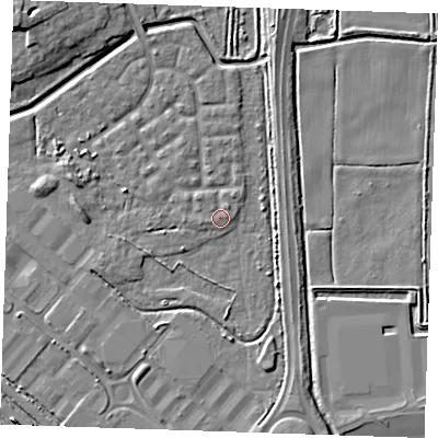 Shaded relief map of the ground around RM176UU, computed from Environment Agency LiDAR. The ground here sits at about 1 m above sea level and falls 8 m across the surrounding 800 m. Surface water reaching this point runs off ground lying to the north-west, 0.9 m higher.