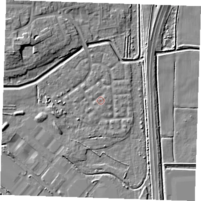 Shaded relief map of the ground around RM176UX, computed from Environment Agency LiDAR. The ground here sits at about 1 m above sea level and falls 9 m across the surrounding 800 m. Surface water reaching this point runs off ground lying to the east-south-east, 1.2 m higher.