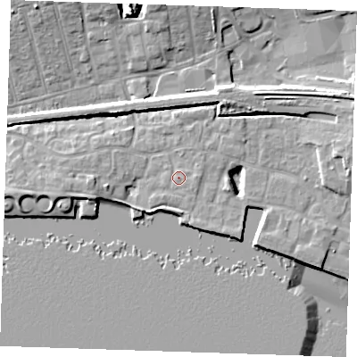 Shaded relief map of the ground around RM176UY, computed from Environment Agency LiDAR. The ground here sits at about 5 m above sea level and falls 14 m across the surrounding 800 m. Surface water reaching this point runs off ground lying to the south-east, 0.7 m higher.