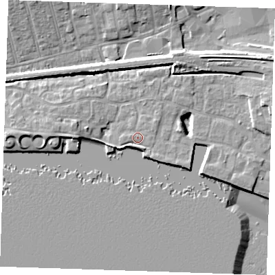 Shaded relief map of the ground around RM176UZ, computed from Environment Agency LiDAR. The ground here sits at about 5 m above sea level and falls 10 m across the surrounding 800 m. Surface water reaching this point runs off ground lying to the south-west, 1.5 m higher.
