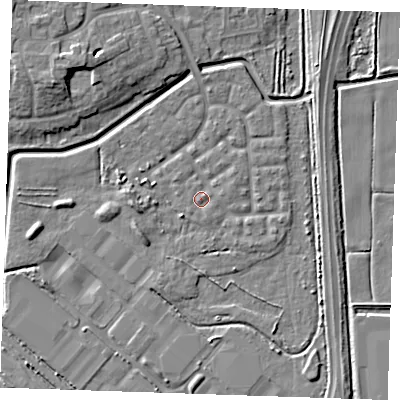 Shaded relief map of the ground around RM176XA, computed from Environment Agency LiDAR. The ground here sits at about 1 m above sea level and falls 9 m across the surrounding 800 m. Surface water reaching this point runs off ground lying to the east-north-east, 1.2 m higher.
