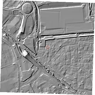 Shaded relief map of the ground around RM187AB, computed from Environment Agency LiDAR. The ground here sits at about 0 m above sea level and falls 9 m across the surrounding 800 m. Surface water reaching this point runs off ground lying to the west-south-west, 2.0 m higher.