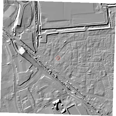 Shaded relief map of the ground around RM187AD, computed from Environment Agency LiDAR. The ground here sits at about 0 m above sea level and falls 12 m across the surrounding 800 m. Surface water reaching this point runs off ground lying to the south, 12.0 m higher.