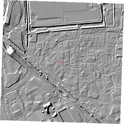 Shaded relief map of the ground around RM187AJ, computed from Environment Agency LiDAR. The ground here sits at about 1 m above sea level and falls 12 m across the surrounding 800 m. Surface water reaching this point runs off ground lying to the south-south-east, 1.4 m higher.