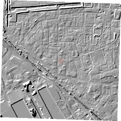 Shaded relief map of the ground around RM187AL, computed from Environment Agency LiDAR. The ground here sits at about 1 m above sea level and falls 15 m across the surrounding 800 m. Surface water reaching this point runs off ground lying to the west, 0.7 m higher.