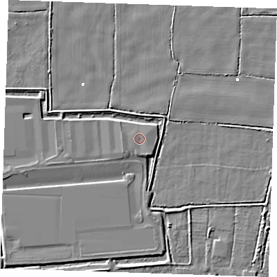 Shaded relief map of the ground around RM187AN, computed from Environment Agency LiDAR. The ground here sits at about 2 m above sea level and falls 4 m across the surrounding 800 m. Surface water reaching this point runs off ground lying to the south-south-east, 1.0 m higher.