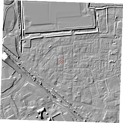 Shaded relief map of the ground around RM187AP, computed from Environment Agency LiDAR. The ground here sits at about 1 m above sea level and falls 12 m across the surrounding 800 m. Surface water reaching this point runs off ground lying to the east-south-east, 0.6 m higher.