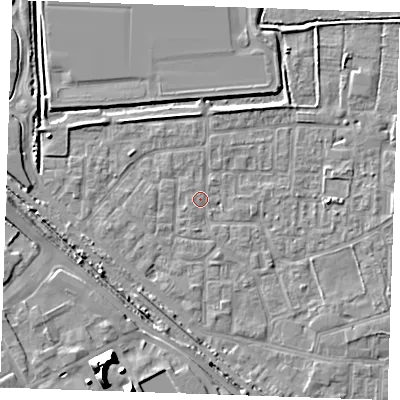 Shaded relief map of the ground around RM187AR, computed from Environment Agency LiDAR. The ground here sits at about 1 m above sea level and falls 12 m across the surrounding 800 m. Surface water reaching this point runs off ground lying to the north-north-east, 2.1 m higher.