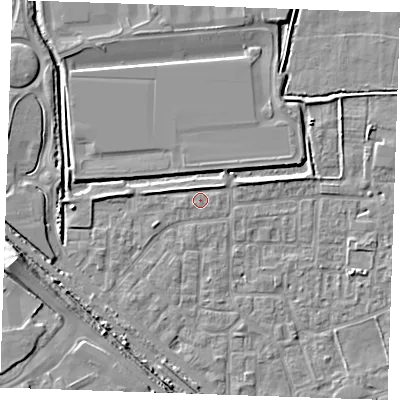 Shaded relief map of the ground around RM187AS, computed from Environment Agency LiDAR. The ground here sits at about 1 m above sea level and falls 7 m across the surrounding 800 m. Surface water reaching this point runs off ground lying to the south-south-west, 3.0 m higher.