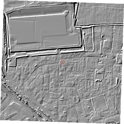 Shaded relief map of the ground around RM187AU, computed from Environment Agency LiDAR. The ground here sits at about 1 m above sea level and falls 6 m across the surrounding 800 m. Surface water reaching this point runs off ground lying to the north-east, 2.0 m higher.