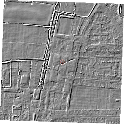Shaded relief map of the ground around RM187AW, computed from Environment Agency LiDAR. The ground here sits at about 1 m above sea level and falls 3 m across the surrounding 800 m. Surface water reaching this point runs off ground lying to the south-west, 1.2 m higher.