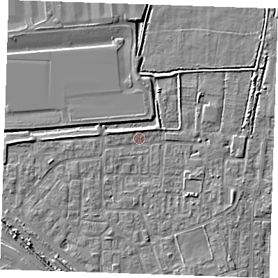 Shaded relief map of the ground around RM187AX, computed from Environment Agency LiDAR. The ground here sits at about 1 m above sea level and falls 5 m across the surrounding 800 m. Surface water reaching this point runs off ground lying to the east-north-east, 2.9 m higher.