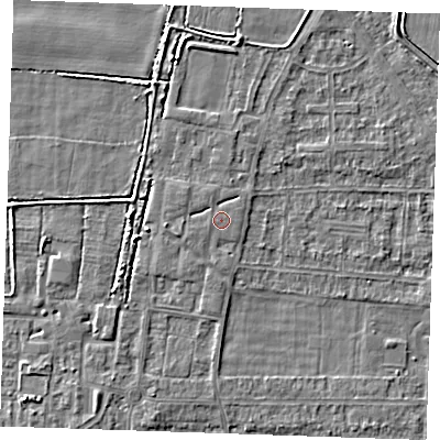 Shaded relief map of the ground around RM187AY, computed from Environment Agency LiDAR. The ground here sits at about 1 m above sea level and falls 3 m across the surrounding 800 m. Surface water reaching this point runs off ground lying to the west-south-west, 1.2 m higher.