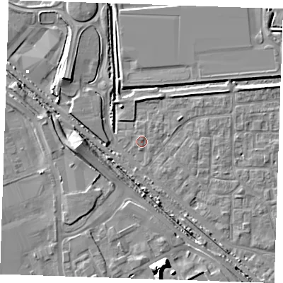 Shaded relief map of the ground around RM187AZ, computed from Environment Agency LiDAR. The ground here sits at about 1 m above sea level and falls 12 m across the surrounding 800 m. Surface water reaching this point runs off ground lying to the south, 12.3 m higher.