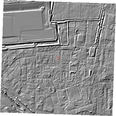 Shaded relief map of the ground around RM187BA, computed from Environment Agency LiDAR. The ground here sits at about 1 m above sea level and falls 6 m across the surrounding 800 m. Surface water reaching this point runs off ground lying to the south-east, 1.5 m higher.
