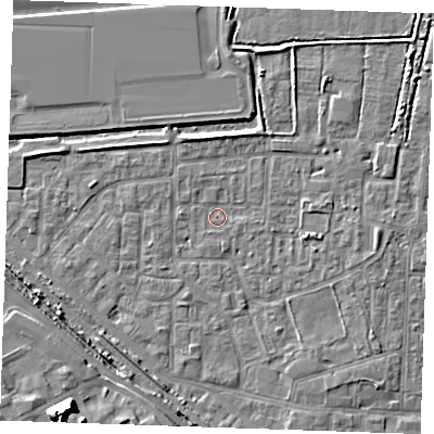Shaded relief map of the ground around RM187BB, computed from Environment Agency LiDAR. The ground here sits at about 0 m above sea level and falls 13 m across the surrounding 800 m. Surface water reaching this point runs off ground lying to the east-south-east, 1.7 m higher.