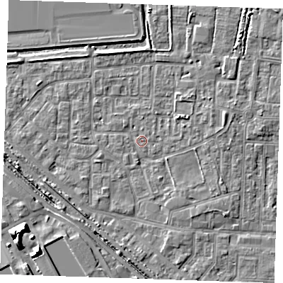 Shaded relief map of the ground around RM187BD, computed from Environment Agency LiDAR. The ground here sits at about 1 m above sea level and falls 12 m across the surrounding 800 m. Surface water reaching this point runs off ground lying to the south-east, 1.8 m higher.