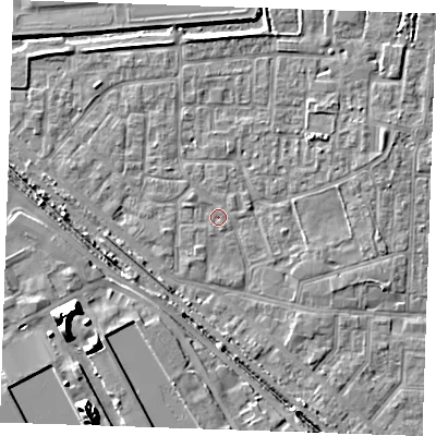 Shaded relief map of the ground around RM187BE, computed from Environment Agency LiDAR. The ground here sits at about 1 m above sea level and falls 15 m across the surrounding 800 m. Surface water reaching this point runs off ground lying to the south-west, 0.9 m higher.
