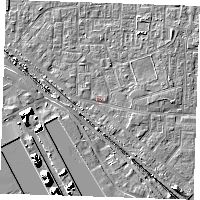 Shaded relief map of the ground around RM187BG, computed from Environment Agency LiDAR. The ground here sits at about 1 m above sea level and falls 19 m across the surrounding 800 m. Surface water reaching this point runs off ground lying to the south-south-east, 2.1 m higher.