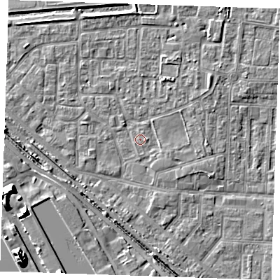 Shaded relief map of the ground around RM187BH, computed from Environment Agency LiDAR. The ground here sits at about 1 m above sea level and falls 15 m across the surrounding 800 m. Surface water reaching this point runs off ground lying to the south, 0.8 m higher.