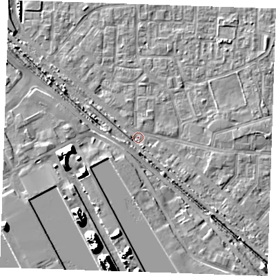 Shaded relief map of the ground around RM187BJ, computed from Environment Agency LiDAR. The ground here sits at about 1 m above sea level and falls 19 m across the surrounding 800 m. Surface water reaching this point runs off ground lying to the south, 5.5 m higher.