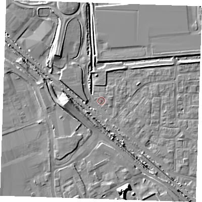 Shaded relief map of the ground around RM187BL, computed from Environment Agency LiDAR. The ground here sits at about 0 m above sea level and falls 12 m across the surrounding 800 m. Surface water reaching this point runs off ground lying to the south-south-east, 12.3 m higher.