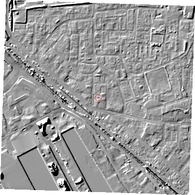 Shaded relief map of the ground around RM187BP, computed from Environment Agency LiDAR. The ground here sits at about 1 m above sea level and falls 18 m across the surrounding 800 m. Surface water reaching this point runs off ground lying to the south, 0.8 m higher.