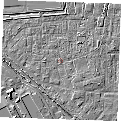 Shaded relief map of the ground around RM187BQ, computed from Environment Agency LiDAR. The ground here sits at about 1 m above sea level and falls 12 m across the surrounding 800 m. Surface water reaching this point runs off ground lying to the south-east, 1.8 m higher.