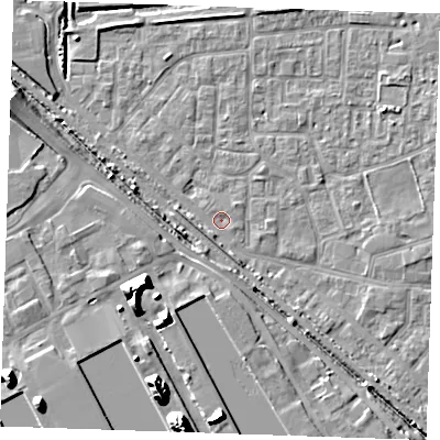 Shaded relief map of the ground around RM187BS, computed from Environment Agency LiDAR. The ground here sits at about 1 m above sea level and falls 15 m across the surrounding 800 m. Surface water reaching this point runs off ground lying to the south-east, 2.2 m higher.