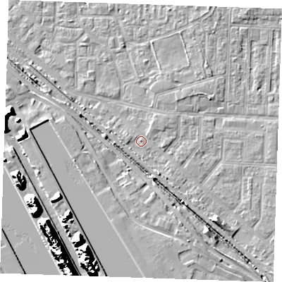 Shaded relief map of the ground around RM187BT, computed from Environment Agency LiDAR. The ground here sits at about 1 m above sea level and falls 25 m across the surrounding 800 m. Surface water reaching this point runs off ground lying to the south-south-east, 1.6 m higher.