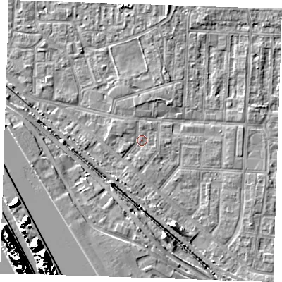 Shaded relief map of the ground around RM187BU, computed from Environment Agency LiDAR. The ground here sits at about 1 m above sea level and falls 22 m across the surrounding 800 m. Surface water reaching this point runs off ground lying to the north-west, 1.0 m higher.